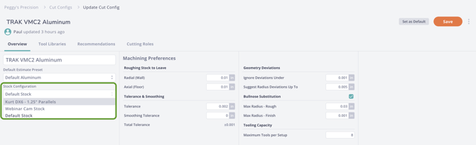 stock config in cut config