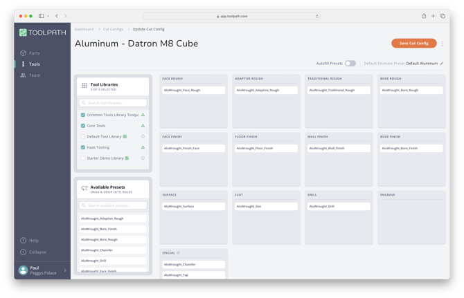 select libraries cut config